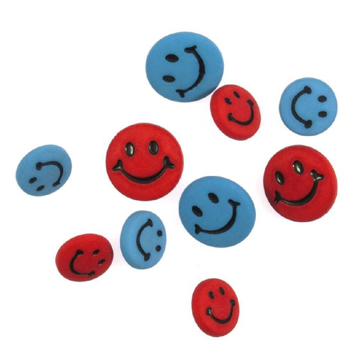 Novelty Craft Buttons, Smiley Faces, Red & blue Pack of 10