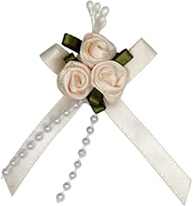 Satin Ribbon Bow with 3 Rose Cluster and Beads x 20 Cream