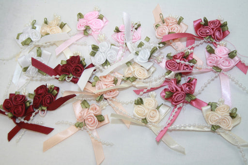 Satin Ribbon Bow with 3 Rose Cluster and Beads x 20 Assorted Warm Tones