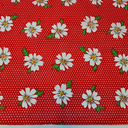 1 Metre Daisy Polycotton on Polkadot Red Background Fabric 112cm Width
