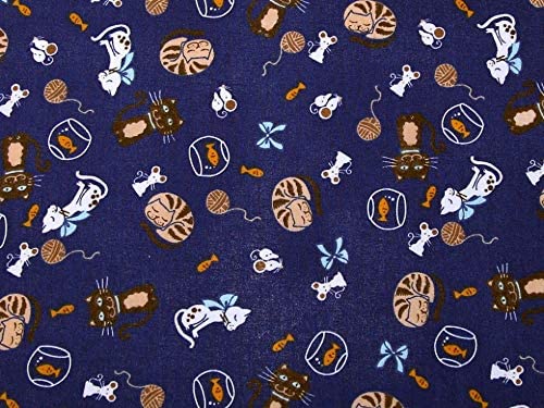 1 Metre Polycotton Navy Cats with Mice and Fish Bowls - 45" Width NC9