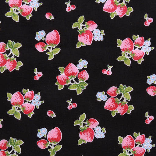 1 Metre Strawberry and Cherry Summer Fruits Polycotton Black Fabric 112cm / 44" Width