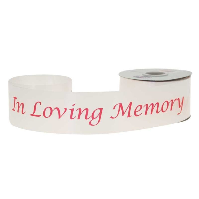 In Loving Memory Poly Ribbon - White with red text (2 inch x 50 yards )