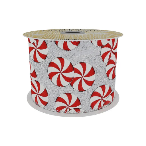 Sparkling Silver Ribbon with Candy Circle Print - Red/White -  63mm x 10yd
