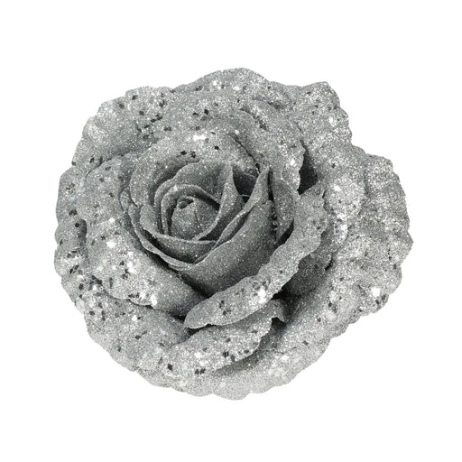 18cm Clip on  Glittered Rose - Silver