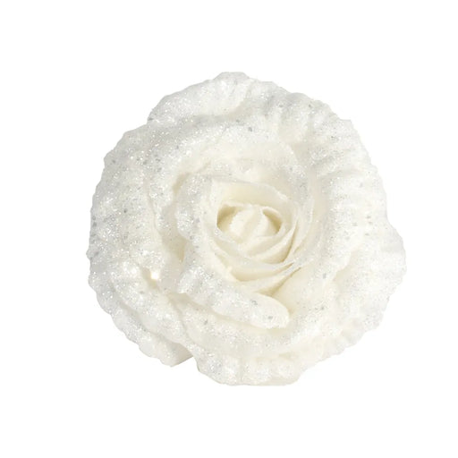 18cm Clip on  Glittered Rose - White