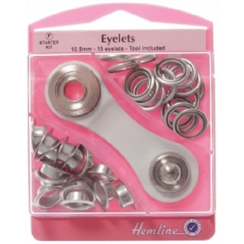 Hemline Eyelet Starter Kit 15 Sets per Pack x 10.5mm - Nickel Silver