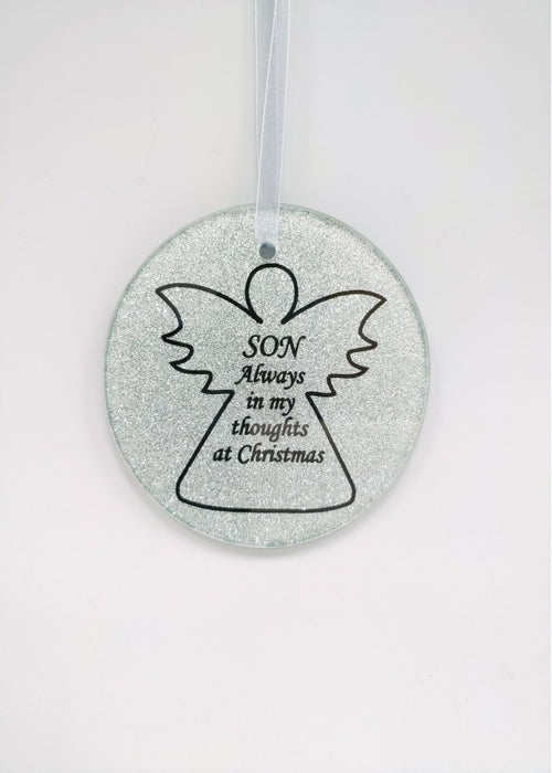 Silver Glass Angel Memorial Christmas Tree Hanger - Son