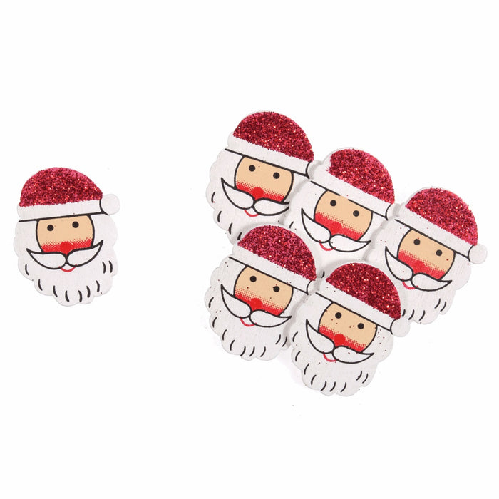 Craft Embellishment - Wooden glitter Santa - Pack of 6