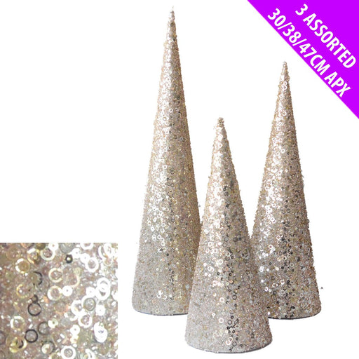 Set of 3 Glitter Deco Cones - Assorted Size - Gold