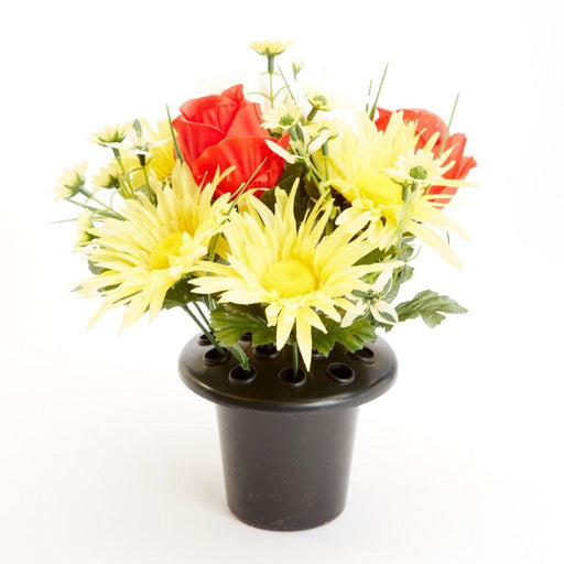 Everlasting Blooms Grave Vase Container with Flowers - Daisy & Rose - Yellow and Orange