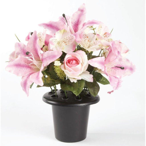 Everlasting Blooms Grave Vase Container with Flowers - Lily, Rose & Orchid - Pink