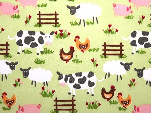 Green Polycotton Fabric Farm Yard Animals 112cm / 44" Width, 1 Metre T210