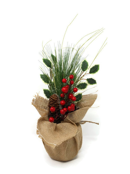 Rustic Holly, Berry & Pine Arrangement in a Hessian Sack x 40cm