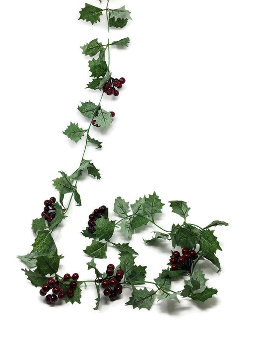 Holly & Glossy Red Berry Garland x 165cm - Green Leaves