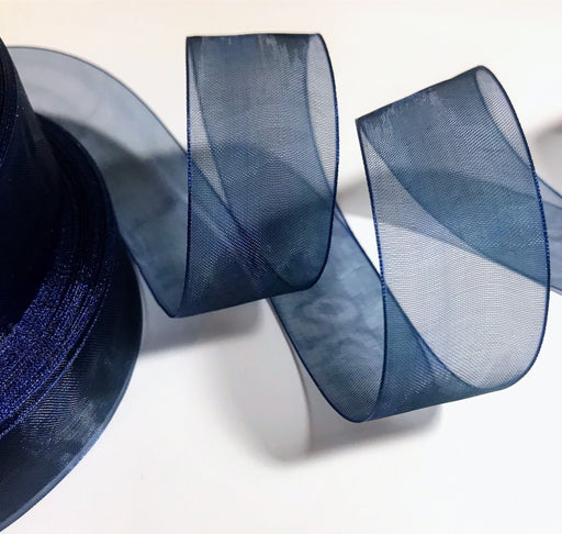 Navy 25mm Woven Edge Organza Ribbon 25m