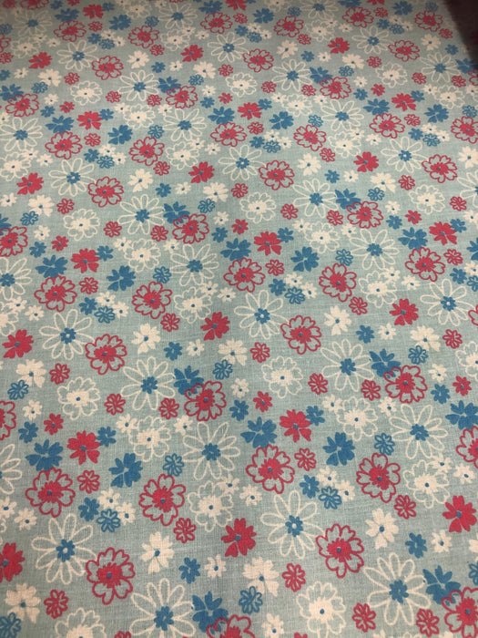 Polycotton Baby Blue Floral Fabric - 45" Width - 1 Metre - Cerise, White, Blue Flowers T222