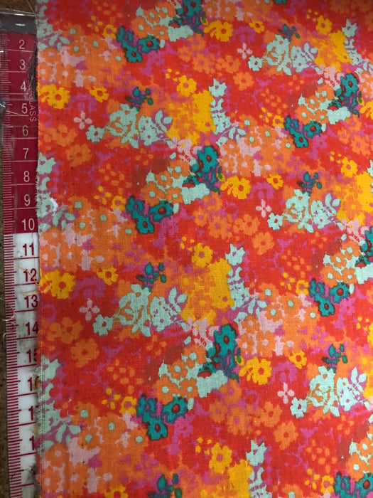 Polycotton Stamped Flowers Fabric - 45" Width - 1 Metre - Coral, Orange, Yellow, Teal, Aqua EP33