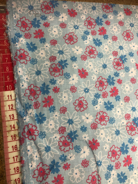 Polycotton Baby Blue Floral Fabric - 45" Width - 1 Metre - Cerise, White, Blue Flowers T222