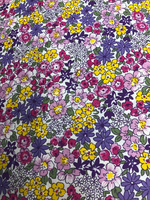 100% Cotton Poplin Fabric x 110cm -  Vibrant Yellow Purple Pink Flowers stock location c2