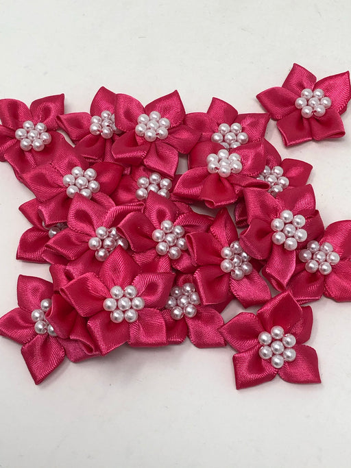 Satin Ribbon Flower & Pearl Bow x20pcs - Cerise