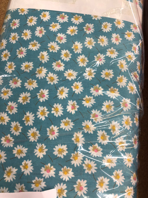 1M 100% Cotton Poplin Fabric x 110cm - Daisy on Lush Aqua Blue