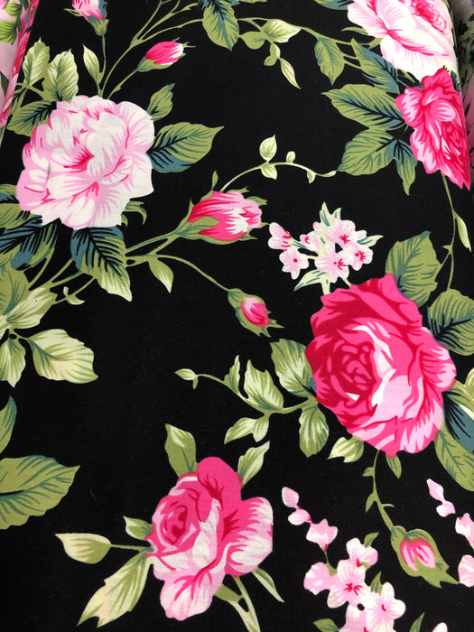 Black 100% Cotton with Cerise & Pink Blooming Roses 150cm Wide