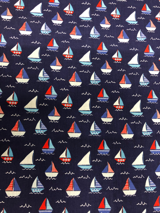 1 Metre Navy Sailing Boats Polycotton Fabric x 110cm / 43"