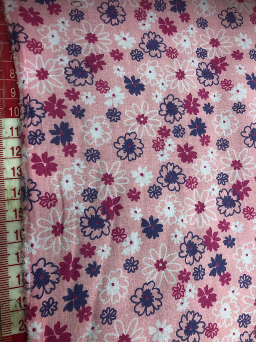 Polycotton Baby Pink Floral Fabric - 45" Width - 1 Metre - Purple, White, Cerise Flowers
