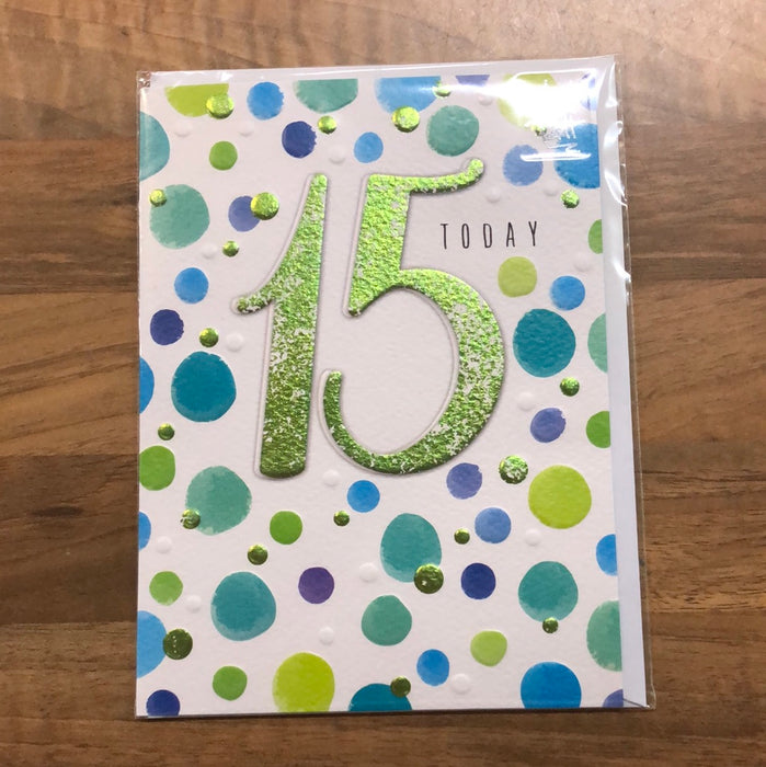 7x5" Card -  15th Birthday - Spotty Green & Blue