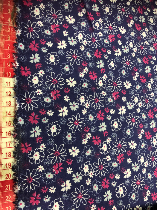 Polycotton White & Pink Floral on Navy Background Fabric - 45" Width - 1 Metre T224
