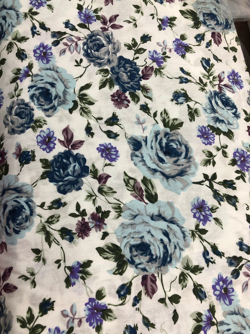 Modern Blue Duck Egg Grey Blooming Roses 100% Cotton 150cm Wide