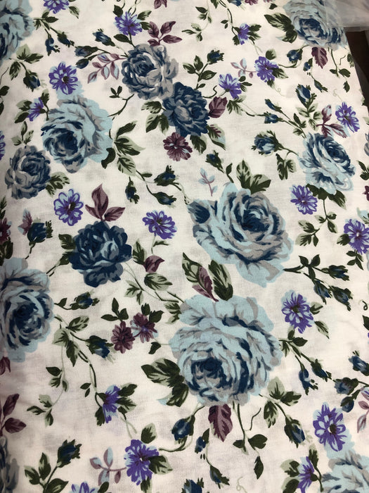 Modern Blue Duck Egg Grey Blooming Roses 100% Cotton 150cm Wide