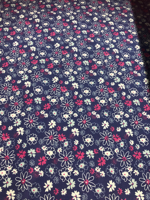 Polycotton White & Pink Floral on Navy Background Fabric - 45" Width - 1 Metre T224