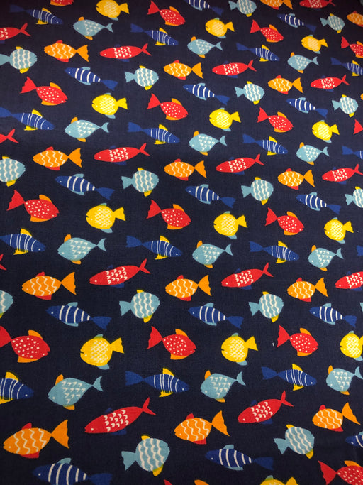 Polycotton Colour Fish on Navy Blue Background Fabric - 45" Width - 1 Metre