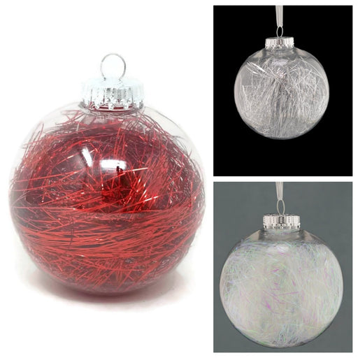 Clear Lametta Bauble x 10cm - Red, Silver or Iridescent 