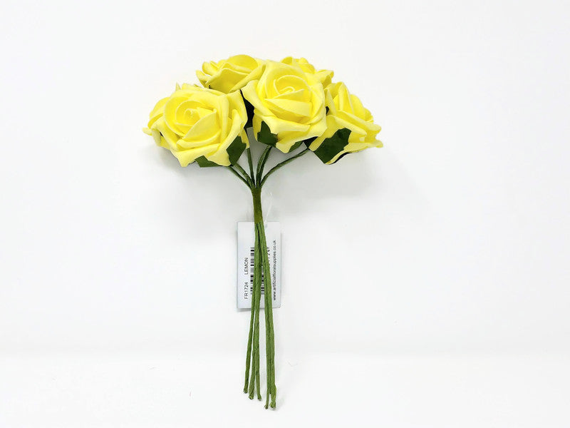 6 Head Foam Rose Bunch -  Lemon
