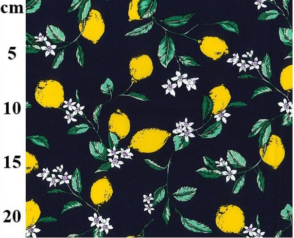  100% Cotton Poplin Fabric x 112cm - Lemon & Blossom on Navy Background