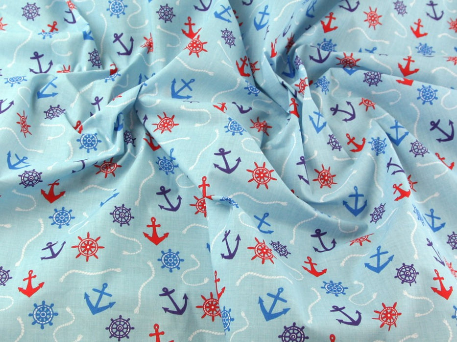 1 Metre Nautical Anchor Baby Blue Polycotton Fabric - 45" Width T124