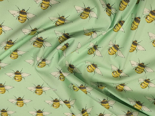 1M 100% Cotton Poplin Mint Continuous Bees Fabric x 112cm / 44"