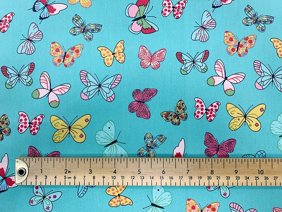1M 100% Cotton Poplin Butterflies Butterfly on Mint Fabric Width: 110cm (45 inches)