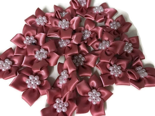 Satin Ribbon Flower & Pearl Bow x20pcs - Dusky Pink