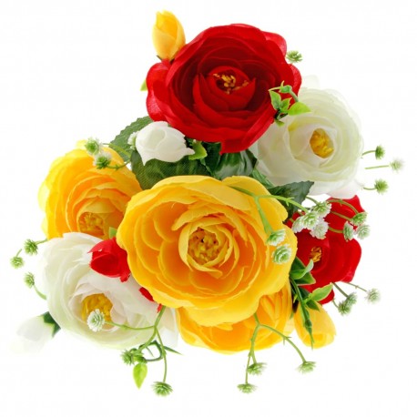 7 Head Mini Ranunculus Bush - Yellow, Red & Cream 