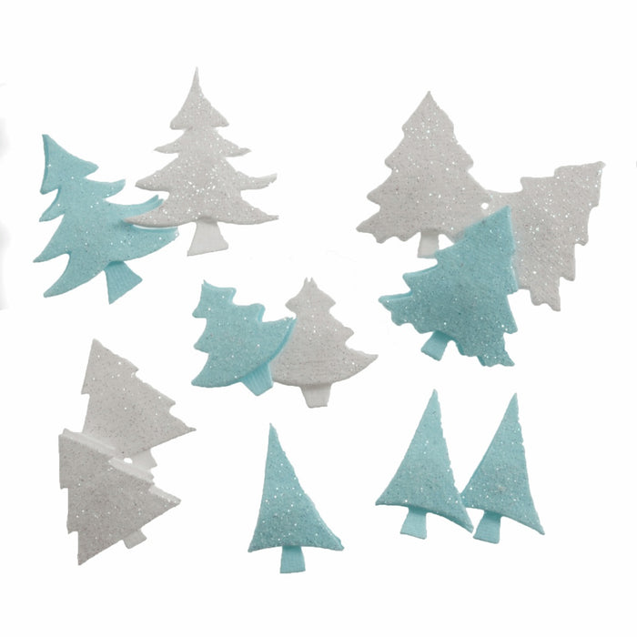 12 Glitter Blue & White Mini Tree Stickers x 3cm
