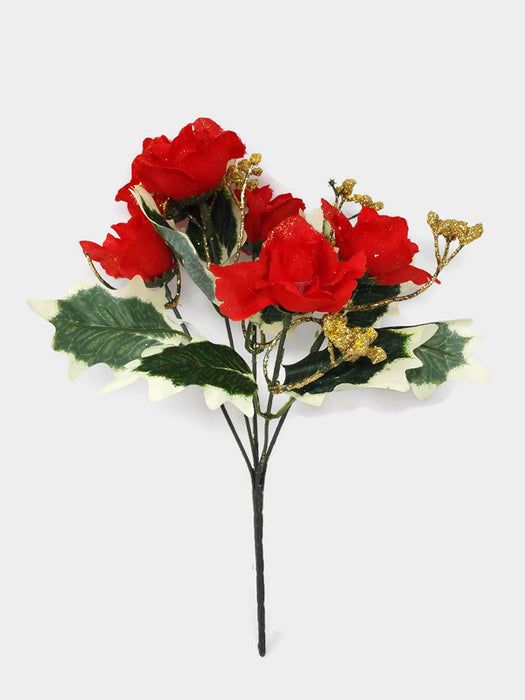 Glittered Mini Rose Bush & Gypsophila x 34cm - Red
