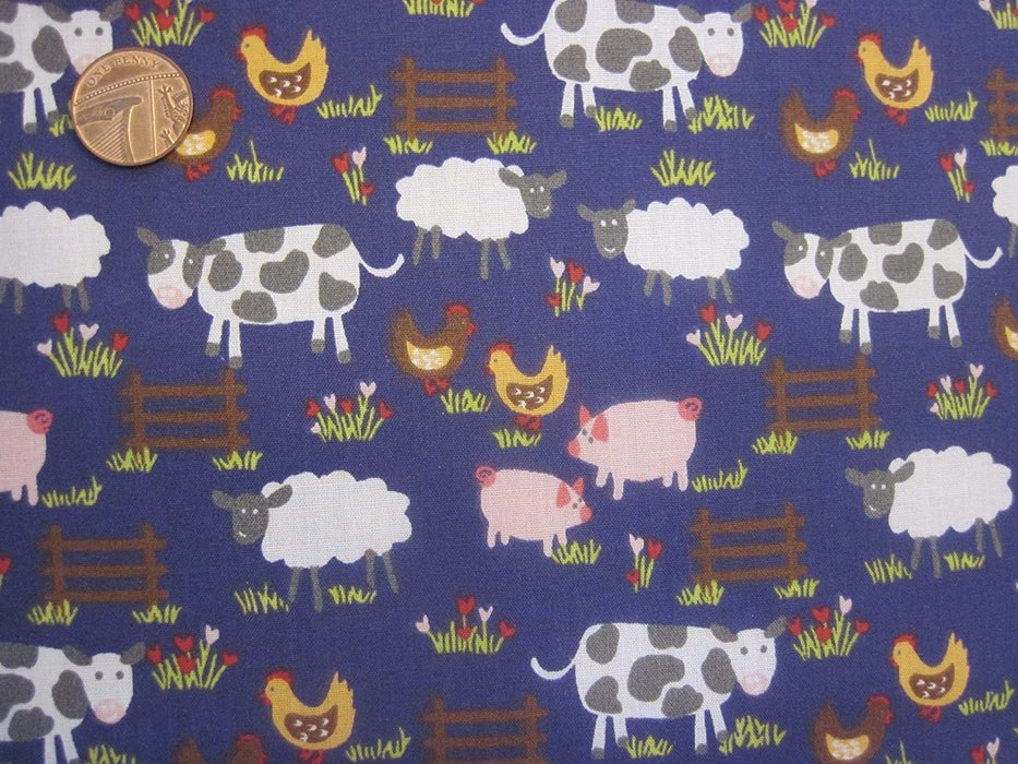 Navy Polycotton Fabric Farm Yard Animals 112cm / 44" Width, 1 Metre T209