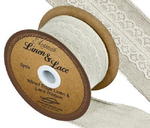 Linen and Lace Wired Edge Ribbon - 50mm x 5yds - Pattern No 354 Ivory