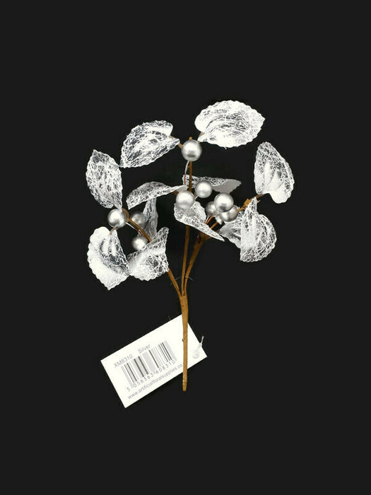 Sparkling Leaf & Berry Pick x 19cm - Silver