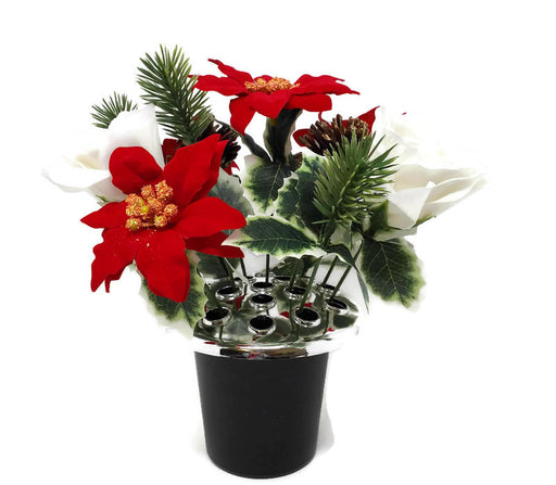 Rose & Poinsettia with Holly Cemetery Pot - White