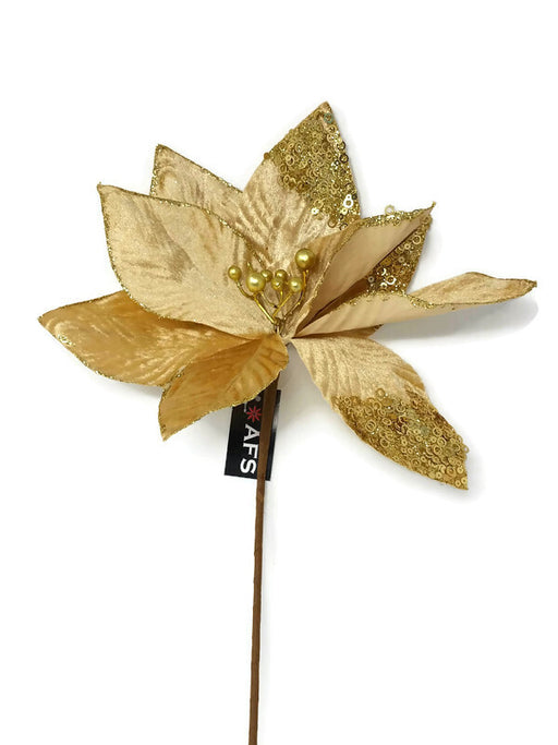 Luxury Sparkling Poinsettia Pick x 65cm - Champagne Gold